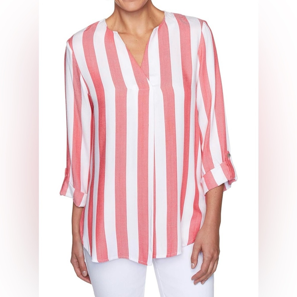 Ruby Rd. Red White Cabana Stripe V-neck Costal Nautical Top Medium NWT